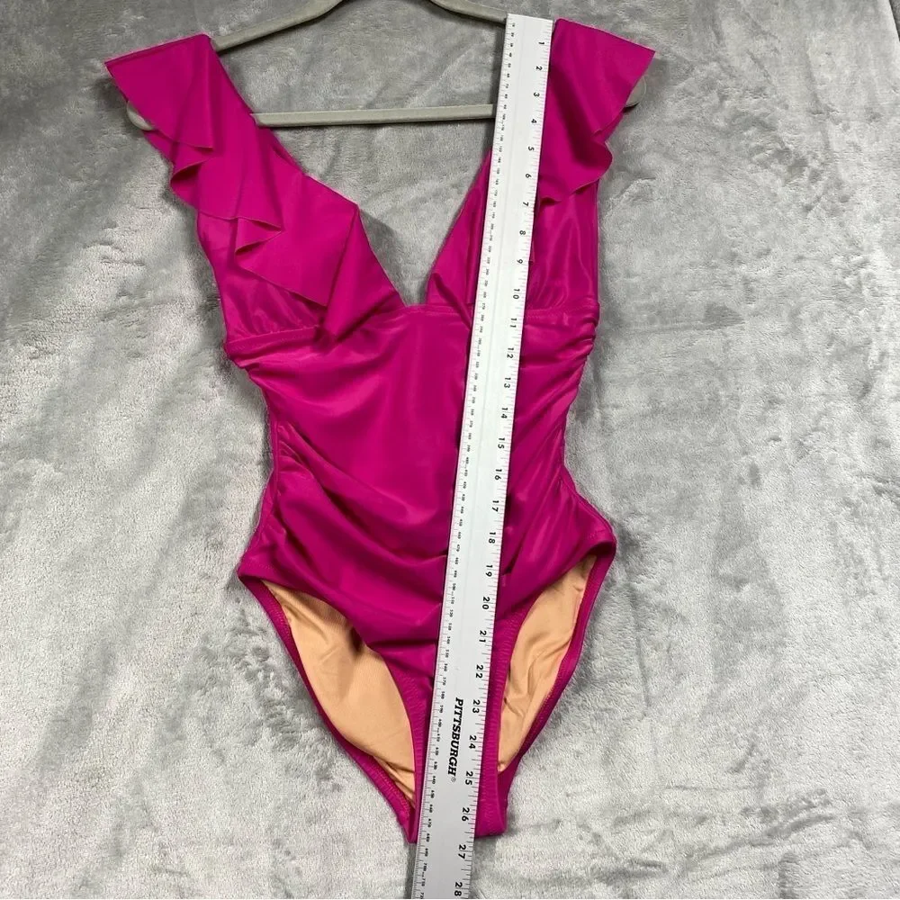 NEW J. Crew Ruched Ruffle One Piece Swimsuit Deep V Neck Size 6 Radiant Fuchsia
